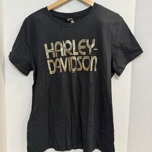 Harley‎ Davidson Women’s T-shirt XL Black Gold Crew Neck Fitted NWT